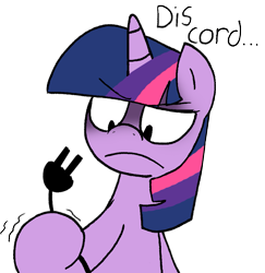 Size: 1067x1100 | Tagged: safe, artist:strangiesleepy, imported from derpibooru, twilight sparkle, pony, unicorn, dis cord, female, frown, hoof hold, mare, power cord, pun, simple background, solo, transparent background, visual pun