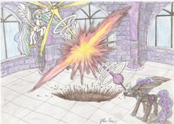 Size: 2336x1664 | Tagged: safe, artist:stardustchild01, imported from derpibooru, nightmare moon, princess celestia, alicorn, pony, beam struggle, butt, explosion, female, fight, mare, plot, traditional art