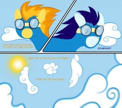 Size: 1280x1131 | Tagged: safe, artist:taharon, imported from derpibooru, soarin', spitfire, pegasus, pony, comic:the wonderbolts, clothes, cloud, comic, sky, uniform, wonderbolts, wonderbolts uniform