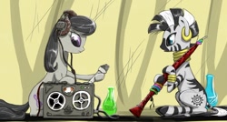 Size: 900x483 | Tagged: safe, artist:madhotaru, imported from derpibooru, octavia melody, zecora, earth pony, pony, zebra, cute, female, hoof hold, mare, musical instrument, recorder