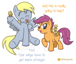 Size: 1895x1585 | Tagged: safe, artist:muffinexplosion, imported from derpibooru, derpy hooves, scootaloo, pegasus, pony, duo, female, flying lesson, mare