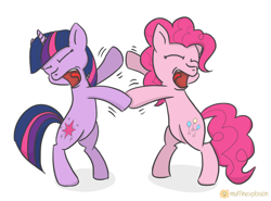 Size: 992x736 | Tagged: safe, artist:muffinexplosion, imported from derpibooru, pinkie pie, twilight sparkle, pony, bipedal, duo, eyes closed, hoofy-kicks, open mouth, sissy slap fight, tongue out