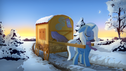 Size: 1920x1080 | Tagged: safe, artist:gign-3208, imported from derpibooru, trixie, pony, clothes, crescent moon, eyes closed, female, floppy ears, moon, scarf, sky, snow, solo, sunrise, trixie's wagon, wagon, winter