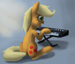 Size: 1200x1013 | Tagged: safe, artist:raedrob, deleted from derpibooru, imported from derpibooru, applejack, keyboard, music, sitting, solo, synthesizer