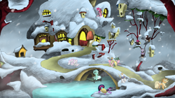 Size: 3492x1960 | Tagged: safe, artist:hewison, imported from derpibooru, apple bloom, applejack, dinky hooves, fleur-de-lis, fluttershy, lyra heartstrings, pinkie pie, prince blueblood, twilight sparkle, twist, fluttershy's cottage, snow, snowfall