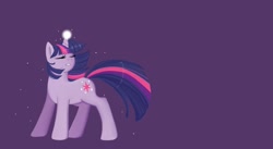 Size: 1334x733 | Tagged: safe, artist:zombiethegreat, imported from derpibooru, twilight sparkle, pony, unicorn, eyes closed, female, glowing horn, horn, mare, purple background, simple background, solo, unicorn twilight