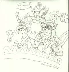 Size: 850x882 | Tagged: safe, artist:unoservix, imported from derpibooru, discord, princess celestia, screwball, classy, clothes, date, dress, glass, hat, magic, monochrome, monocle, moustache, opera, propeller hat, suit, swag, swirly eyes, waitress