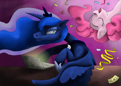 Size: 986x701 | Tagged: safe, artist:hewison, imported from derpibooru, pinkie pie, princess luna, pony, computer, duo