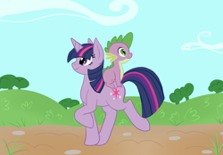 Size: 1208x839 | Tagged: safe, artist:zombiethegreat, imported from derpibooru, spike, twilight sparkle, dragon, pony, unicorn, butt touch, dragons riding ponies, duo, female, hand on butt, male, mare, riding, spike riding twilight