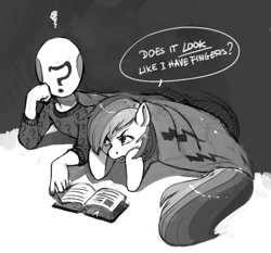 Size: 766x714 | Tagged: safe, artist:kevinsano, imported from derpibooru, rainbow dash, oc, oc:anon, pegasus, pony, anon is not amused, blanket, book, clothes, demanding, duo, grayscale, hand, monochrome, pajamas, reading, sleepover, unamused