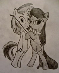 Size: 3000x3705 | Tagged: safe, artist:likethewind9, imported from derpibooru, dj pon-3, octavia melody, vinyl scratch, female, high res, lesbian, monochrome, scratchtavia, shipping, traditional art