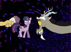 Size: 1024x745 | Tagged: safe, artist:nikkydash, imported from derpibooru, discord, twilight sparkle, discolight, female, flower, interspecies, male, shipping, straight