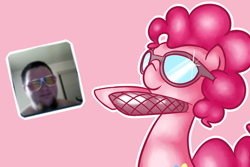 Size: 500x333 | Tagged: safe, artist:pinkieinprivate, imported from derpibooru, pinkie pie, earth pony, pony, fishnets, pink background, pinkie pies private party, simple background, solo, sunglasses, tumblr