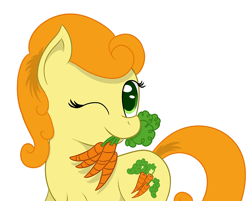 Size: 500x401 | Tagged: safe, artist:phoenixswift, imported from derpibooru, carrot top, golden harvest, earth pony, pony, carrot, cute, cutie top, female, food, mare, mouth hold, one eye closed, solo, wink