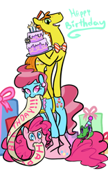 Size: 500x800 | Tagged: safe, artist:mt, imported from derpibooru, carrot cake, cup cake, gummy, pinkie pie, alligator, earth pony, pony, cake, cake family, female, male, mare, present, stallion