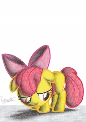 Size: 1639x2323 | Tagged: safe, artist:patoriotto, imported from derpibooru, apple bloom, earth pony, pony, female, filly, foal, pixiv, sad, solo, traditional art