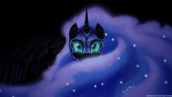 Size: 2000x1125 | Tagged: safe, artist:esuka, imported from derpibooru, nightmare moon, alicorn, pony, female, looking at you, mare, solo