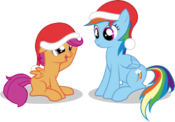 Size: 3953x2750 | Tagged: safe, artist:emkay-mlp, imported from derpibooru, rainbow dash, scootaloo, pegasus, pony, christmas, duo, duo female, female, hat, high res, santa hat, scootalove, simple background, transparent background