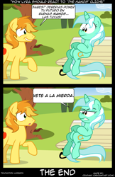 Size: 900x1388 | Tagged: safe, artist:epulson, artist:innuendo88, imported from derpibooru, braeburn, lyra heartstrings, earth pony, pony, unicorn, comic, duo, female, male, mare, raised hoof, spanish, speech bubble, stallion, translation