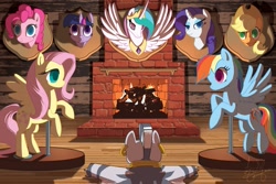 Size: 1125x750 | Tagged: dead source, safe, artist:lizspit, imported from derpibooru, applejack, fluttershy, pinkie pie, princess celestia, rainbow dash, rarity, twilight sparkle, zecora, zebra, dead, decapitated, empty eyes, fireplace, hunting trophy, implied murder, mane six, mounted head, pelt, rearing, rug, severed head, skinned, smiling, spread wings, taxidermy