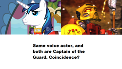 Size: 800x450 | Tagged: safe, imported from derpibooru, shining armor, andrew francis, bionicle, coincidence, exploitable meme, jaller, lego, meta, mind blown, same voice actor