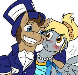 Size: 780x750 | Tagged: safe, artist:jitterbugjive, imported from derpibooru, derpy hooves, doctor whooves, time turner, earth pony, pegasus, pony, lovestruck derpy, blushing, clothes, doctorderpy, dress, female, hat, male, mare, shipping, smiling, stallion, straight, suit, top hat