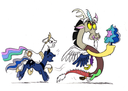 Size: 883x629 | Tagged: safe, artist:mickeymonster, imported from derpibooru, discord, princess celestia, princess luna, draconequus, earth pony, pony, angry, bald, celestia is not amused, cotton candy, discord being discord, food, greatest internet moments, hilarious in hindsight, hornless unicorn, luna is not amused, modular, this will end in pain, this will end in petrification, unamused, wingless