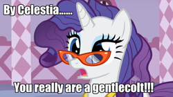 Size: 1280x718 | Tagged: safe, edit, edited screencap, imported from derpibooru, screencap, rarity, pony, unicorn, suited for success, caption, ei, female, gentlecolt, glasses, hub logo, hubble, image macro, mare, out of context, solo, the hub