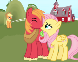 Size: 730x581 | Tagged: safe, artist:thecat101, imported from derpibooru, applejack, big macintosh, fluttershy, earth pony, pegasus, pony, fluttermac, kiss on the lips, kissing, male, shipping, stallion, straight, trio