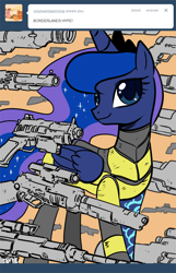 Size: 600x932 | Tagged: safe, artist:johnjoseco, imported from derpibooru, princess luna, alicorn, pony, ask princess molestia, gamer luna, 87 bazillion guns, ask, borderlands, borderlands 2, gun, tumblr