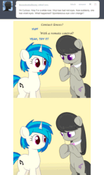 Size: 672x1135 | Tagged: safe, artist:erthilo, imported from derpibooru, dj pon-3, octavia melody, vinyl scratch, earth pony, pony, unicorn, ask octavia, 2 panel comic, animated, ask, bipedal, comic, contact lens, duo, duo female, eye color change, female, mare, tumblr