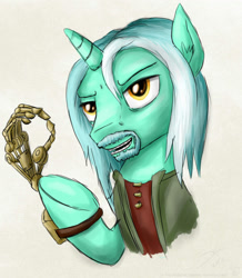 Size: 900x1031 | Tagged: safe, artist:rule1of1coldfire, imported from derpibooru, lyra heartstrings, boromir, duo, lord of the rings, mechanical hands, one does not simply walk into mordor, parody
