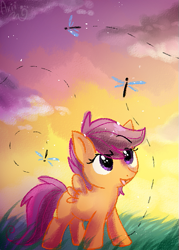 Size: 429x600 | Tagged: safe, artist:aurorie, imported from derpibooru, scootaloo, dragonfly, pony, cute, cutealoo, female, solo