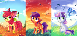 Size: 1287x600 | Tagged: dead source, safe, artist:aurorie, imported from derpibooru, apple bloom, scootaloo, sweetie belle, bird, dragonfly, earth pony, insect, pegasus, pony, unicorn, :p, apple, apple bloom's bow, blank flank, bow, canvas, cloud, cutie mark crusaders, easel, female, filly, floppy ears, foal, food, grass, hair bow, music notes, open mouth, paint on fur, paintbrush, painting, red sky, signature, sky, tongue out