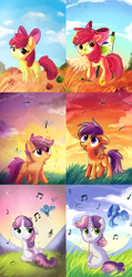 Size: 858x1800 | Tagged: dead source, safe, artist:aurorie, imported from derpibooru, apple bloom, scootaloo, sweetie belle, dragonfly, apple, comparison, cutie mark crusaders, food, paint on fur, paintbrush, painting