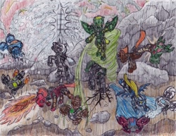 Size: 1100x850 | Tagged: safe, artist:skybard, imported from derpibooru, parasprite, bionicle, bohrok, gahlok, gali, kohrak, kopaka, lego, lehvak, lewa, nuhvok, onua, pahrak, pohatu, ponified, tahnok, tahu