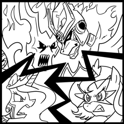 Size: 1000x1000 | Tagged: safe, artist:madmax, imported from derpibooru, princess celestia, princess luna, monochrome, parody, tengen toppa gurren lagann