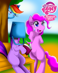 Size: 600x762 | Tagged: safe, artist:rougebat, imported from derpibooru, pinkie pie, rainbow dash, twilight sparkle, pony, angry, bipedal, book, bucket, frown, headbucket, hoof hold, nervous, open mouth, pixiv, sitting, smiling, sweatdrop, underhoof