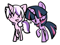 Size: 800x600 | Tagged: dead source, safe, artist:lillynya, imported from derpibooru, twilight, twilight sparkle, pony, unicorn, blush sticker, blushing, chibi, cute, duo, eyes closed, g1, open mouth, raised hoof, raised leg, simple background, smiling, transparent background