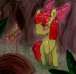Size: 1079x1050 | Tagged: safe, artist:lululu130, imported from derpibooru, apple bloom, earth pony, pony, female, filly, male, this will end in death, this will end in tears, this will end in tears and/or death, this will end in tears and/or death and/or covered in tree sap, trap