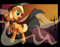 Size: 1800x1400 | Tagged: safe, artist:yokokinawa, imported from derpibooru, applejack, cyborg, alternate cutie mark, amputee, appleborg, cape, cemetery, clothes, cowboy hat, cross, female, fog, graveyard, hat, prosthetic limb, prosthetics, solo, steampunk, vampire hunter