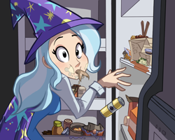 Size: 1500x1200 | Tagged: safe, artist:ric-m, imported from derpibooru, trixie, human, cape, caught, clothes, cute, diatrixes, female, food, funny, hat, humanized, i emptied your fridge, looking at you, refrigerator, trixie's cape, trixie's hat