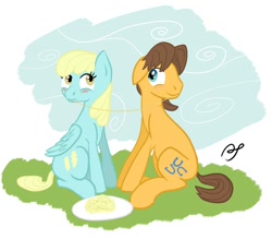 Size: 1200x1053 | Tagged: safe, artist:psescape, imported from derpibooru, caramel, sassaflash, earth pony, pony, caraflash, duo, female, imminent kissing, lady and the tramp, male, shipping, spaghetti, spaghetti scene, stallion, straight