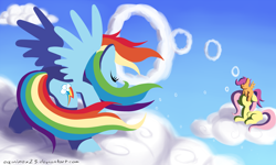 Size: 1650x990 | Tagged: safe, artist:equinox23, imported from derpibooru, fluttershy, rainbow dash, scootaloo