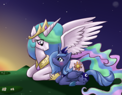 Size: 600x470 | Tagged: safe, artist:mahoxyshoujo, imported from derpibooru, princess celestia, princess luna, alicorn, pony, duo, duo female, female, prone, royal sisters, s1 luna, siblings, sisters