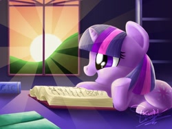 Size: 1024x768 | Tagged: safe, artist:shadeysix, imported from derpibooru, twilight sparkle, pony, book, crepuscular rays, cute, female, filly twilight sparkle, profile, prone, solo, sunrise, twiabetes, window