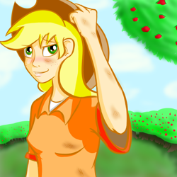 Size: 600x600 | Tagged: safe, artist:heartstrunghooves, imported from derpibooru, applejack, human, duo, humanized