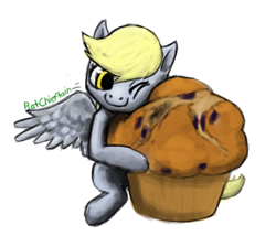 Size: 654x559 | Tagged: safe, artist:ratchieftain, imported from derpibooru, derpy hooves, pegasus, pony, female, food, giant muffin, impossibly large muffin, mare, muffin, simple background, smiling, solo, that pony sure does love muffins, white background