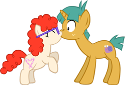 Size: 1082x738 | Tagged: safe, artist:ludiculouspegasus, imported from derpibooru, snails, twist, earth pony, pony, unicorn, colt, duo, eyes closed, female, filly, foal, glasses, kiss on the lips, kissing, male, shipping, simple background, snailstwist, straight, surprise kiss, surprised, transparent background