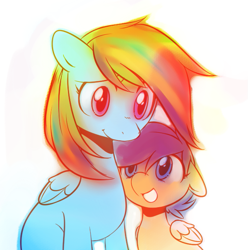 Size: 621x625 | Tagged: safe, artist:pekou, imported from derpibooru, rainbow dash, scootaloo, pegasus, pony, alternate hair color, duo, duo female, female, filly, floppy ears, foal, folded wings, happy, mare, missing cutie mark, open mouth, scootalove, simple background, smiling, white background, wings